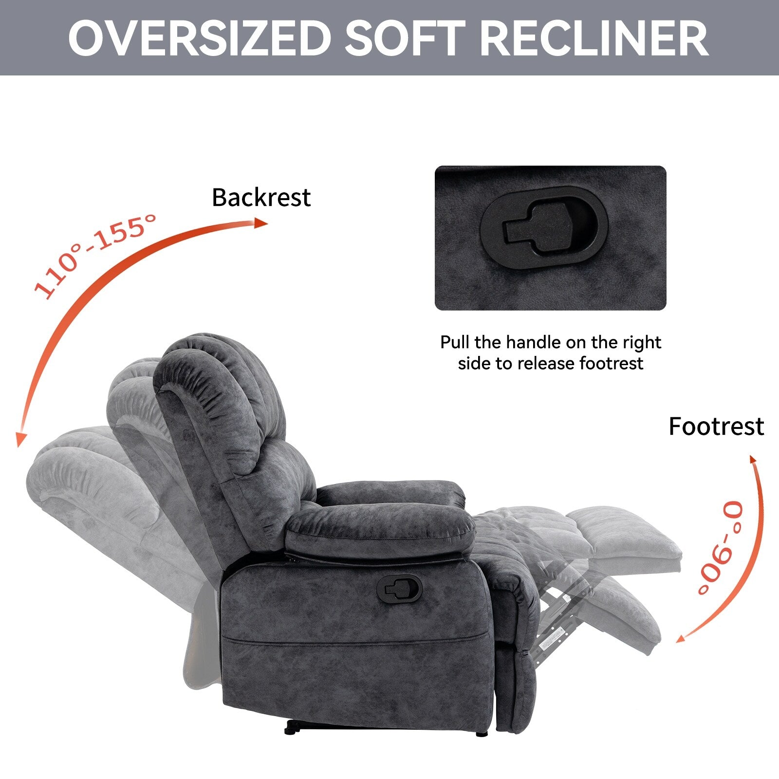 Large Manual Recliner Chair for Adult, Comfortable Fabric Single Recliner Sofa, Overstuffed Reclining Chair for Living Room