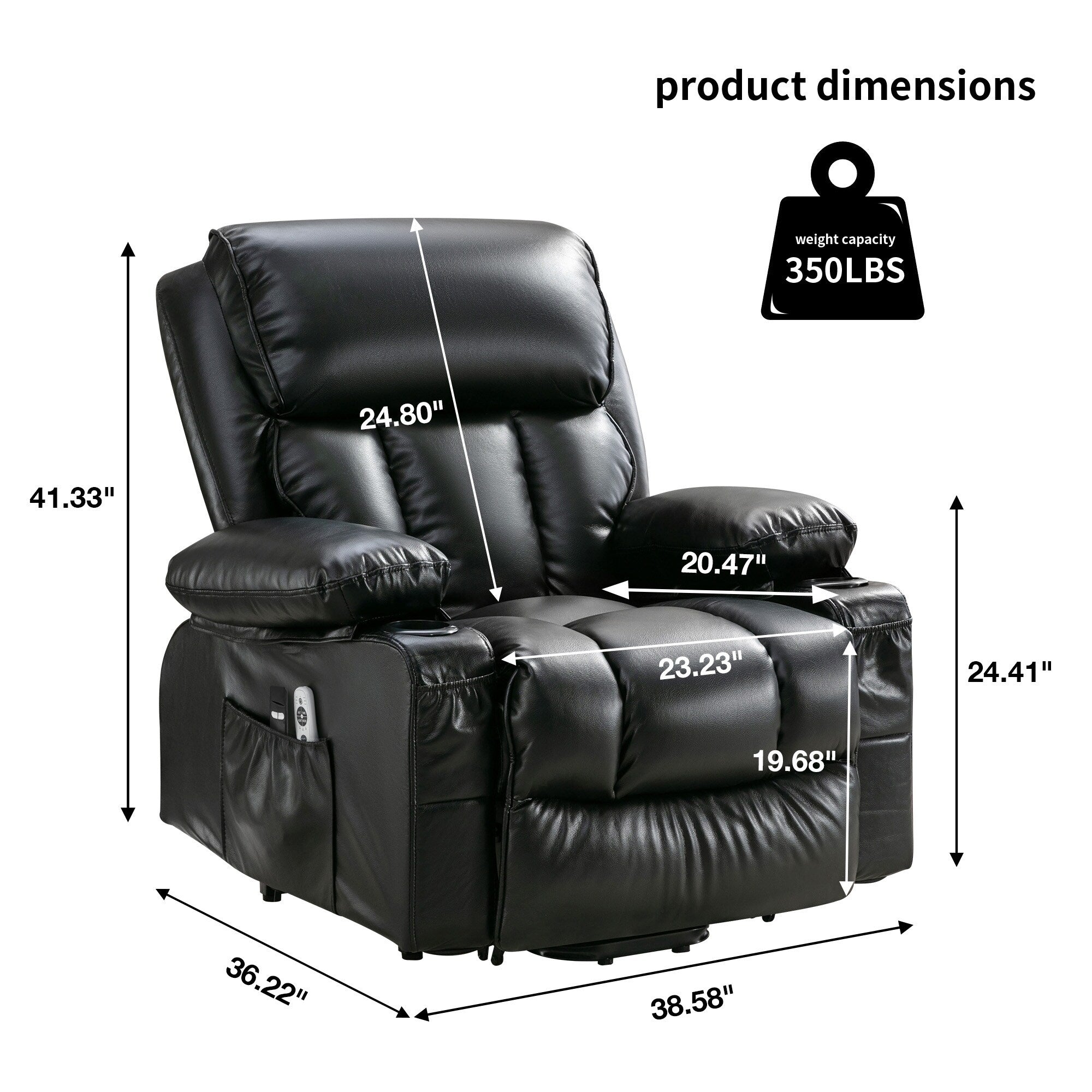 Large Power Lift Recliner Chair with Heat and 8-Point Massage - Remote Control, USB Port