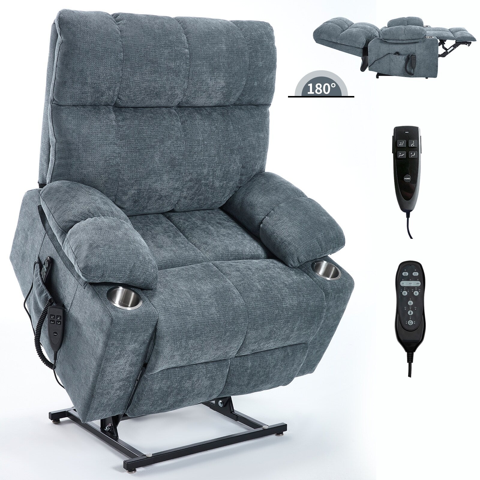 Lazy Boy Dual Motor Chenille Power Lift Recliner w/Massage and Lumbar Heating, Dual Cup Holders, Grey-Blue