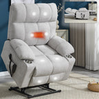Lazy Boy Dual Motor Chenille Power Lift Recliner w/Massage and Lumbar Heating, Dual Cup Holders, Grey-Blue