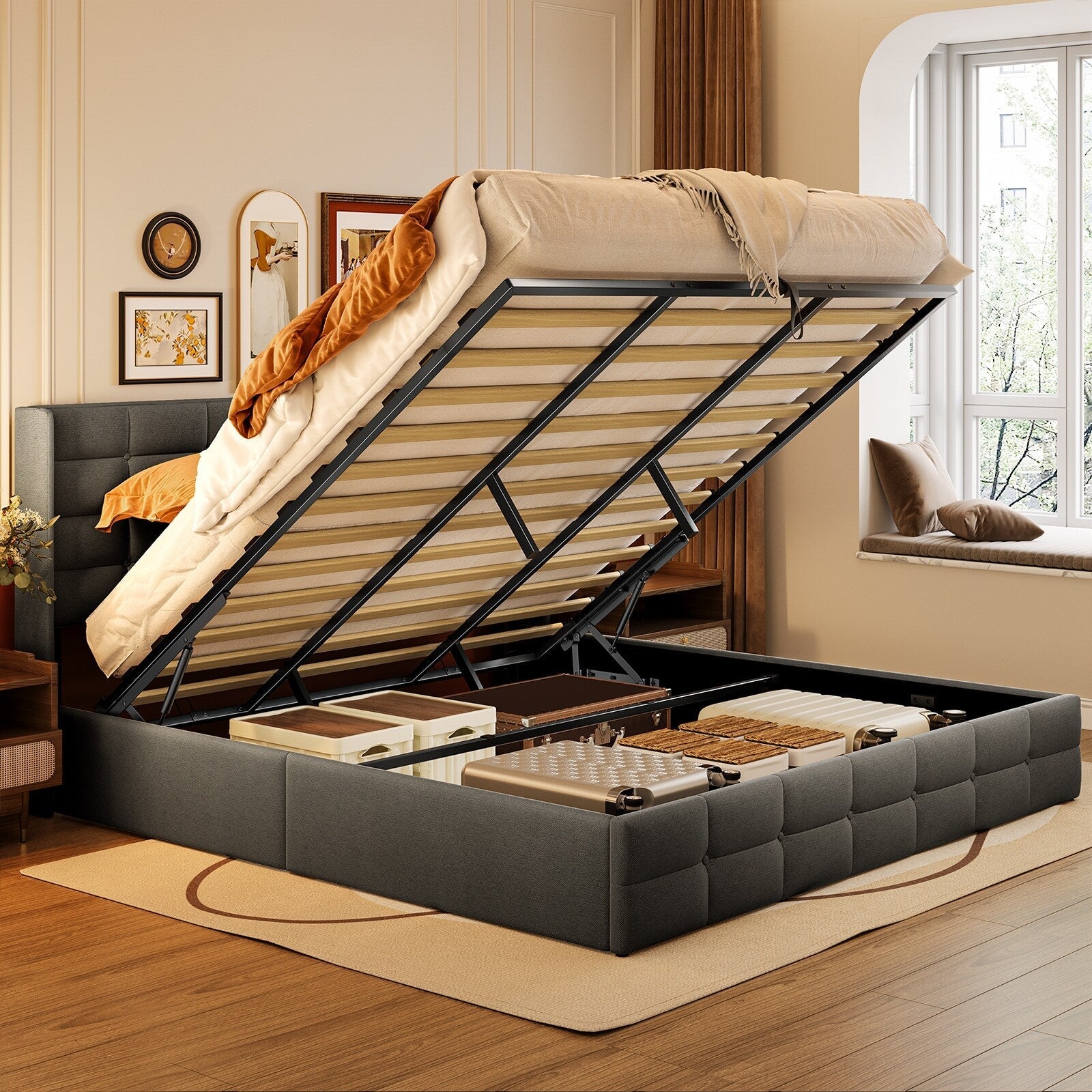 Lift Up Storage Bed Frame, Upholstered Platform Bed Frame with Hydraulic Storage System and Headboard