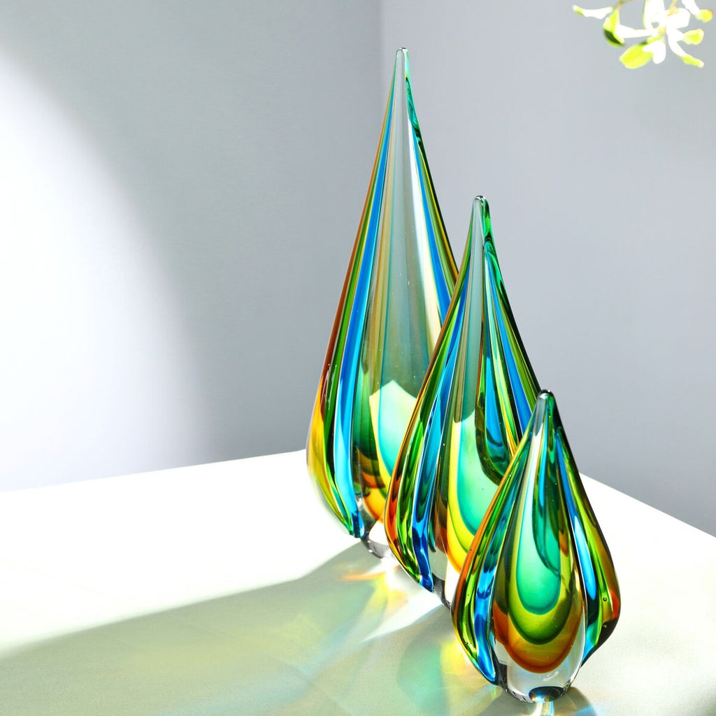 Luxury Lane Hand Blown Green Flame Teardrop Sommerso Art Glass Sculpture 10-18 inch tall