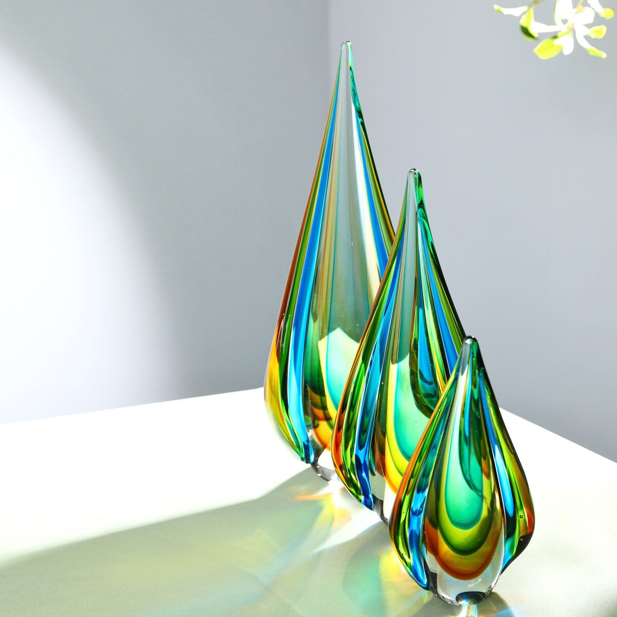 Luxury Lane Hand Blown Green Flame Teardrop Sommerso Art Glass Sculpture 10-18 inch tall