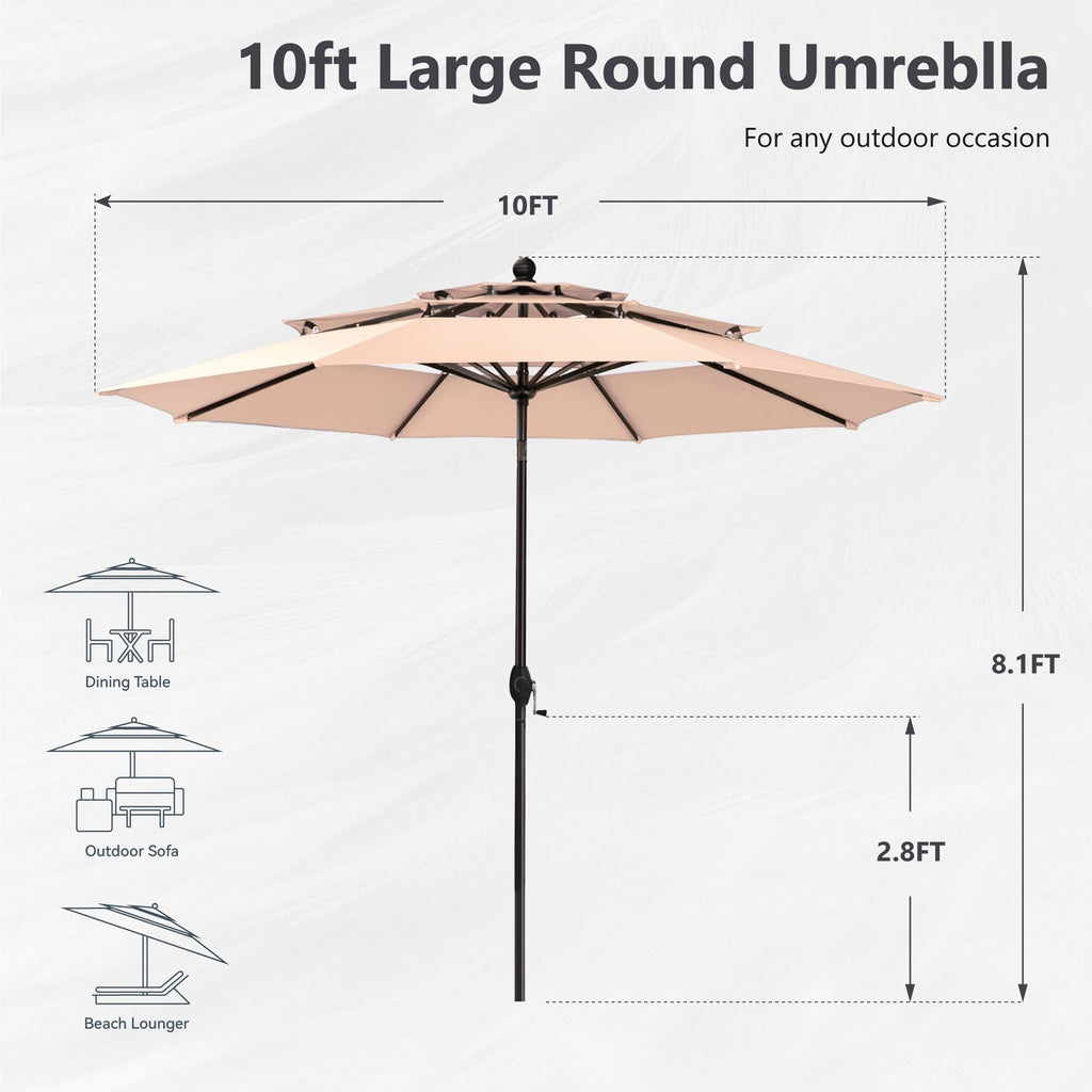 MAISON ARTS 10ft 3 Tiers Patio Outdoor Umbrella Matched with most Patio Table with Ventilation Auto-tilt and Crank Lift