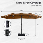 MAISON ARTS 15-foot Rectangular Crank Double-sided Outdoor Market Umbrella Solar LED Lighted Patio Umbrella with Base Included