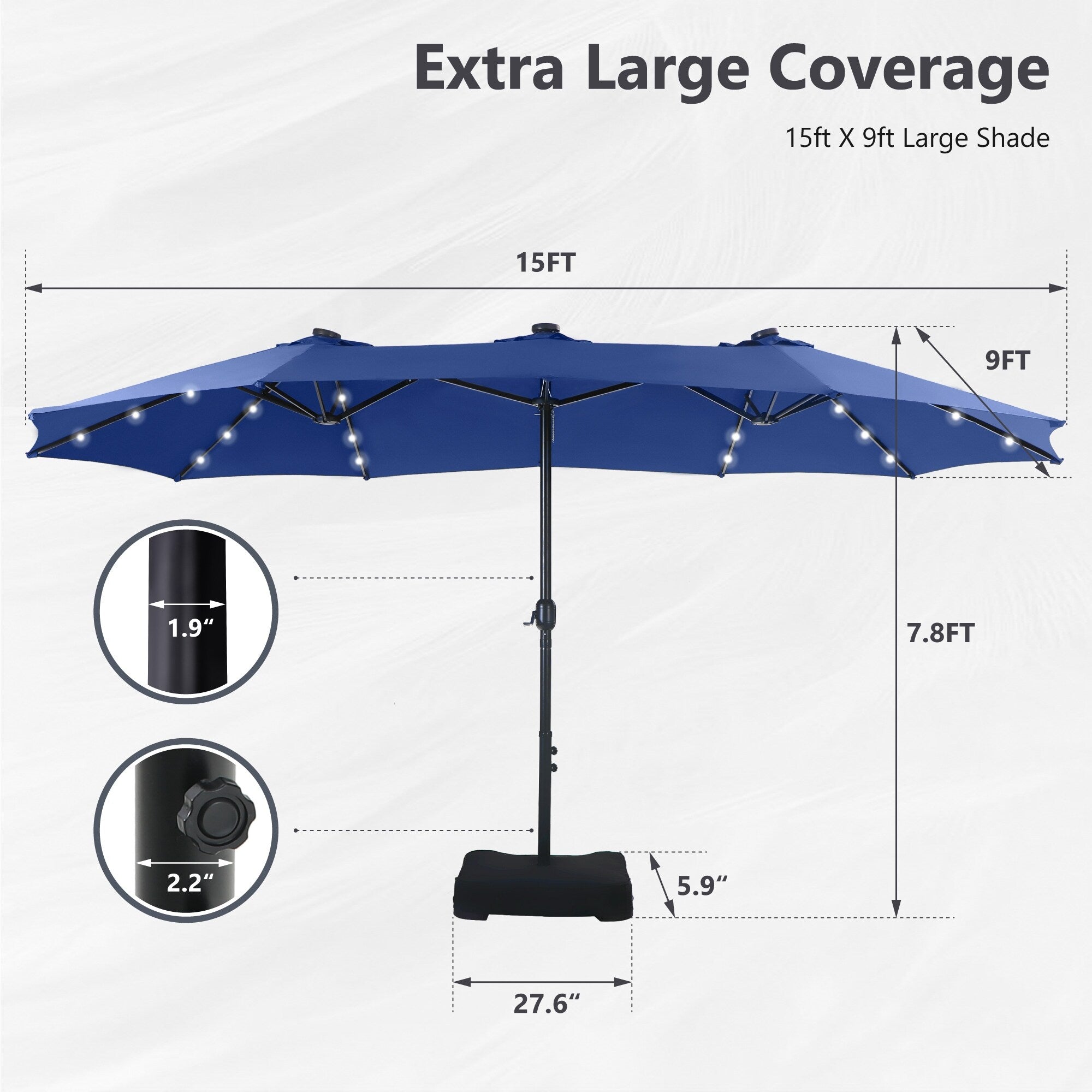 MAISON ARTS 15-foot Rectangular Crank Double-sided Outdoor Market Umbrella Solar LED Lighted Patio Umbrella with Base Included