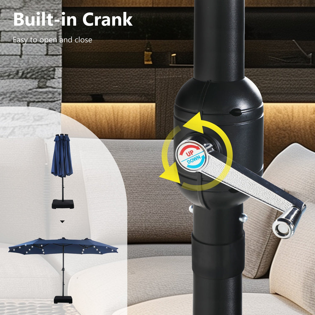 MAISON ARTS 15-foot Rectangular Crank Double-sided Outdoor Market Umbrella Solar LED Lighted Patio Umbrella with Base Included