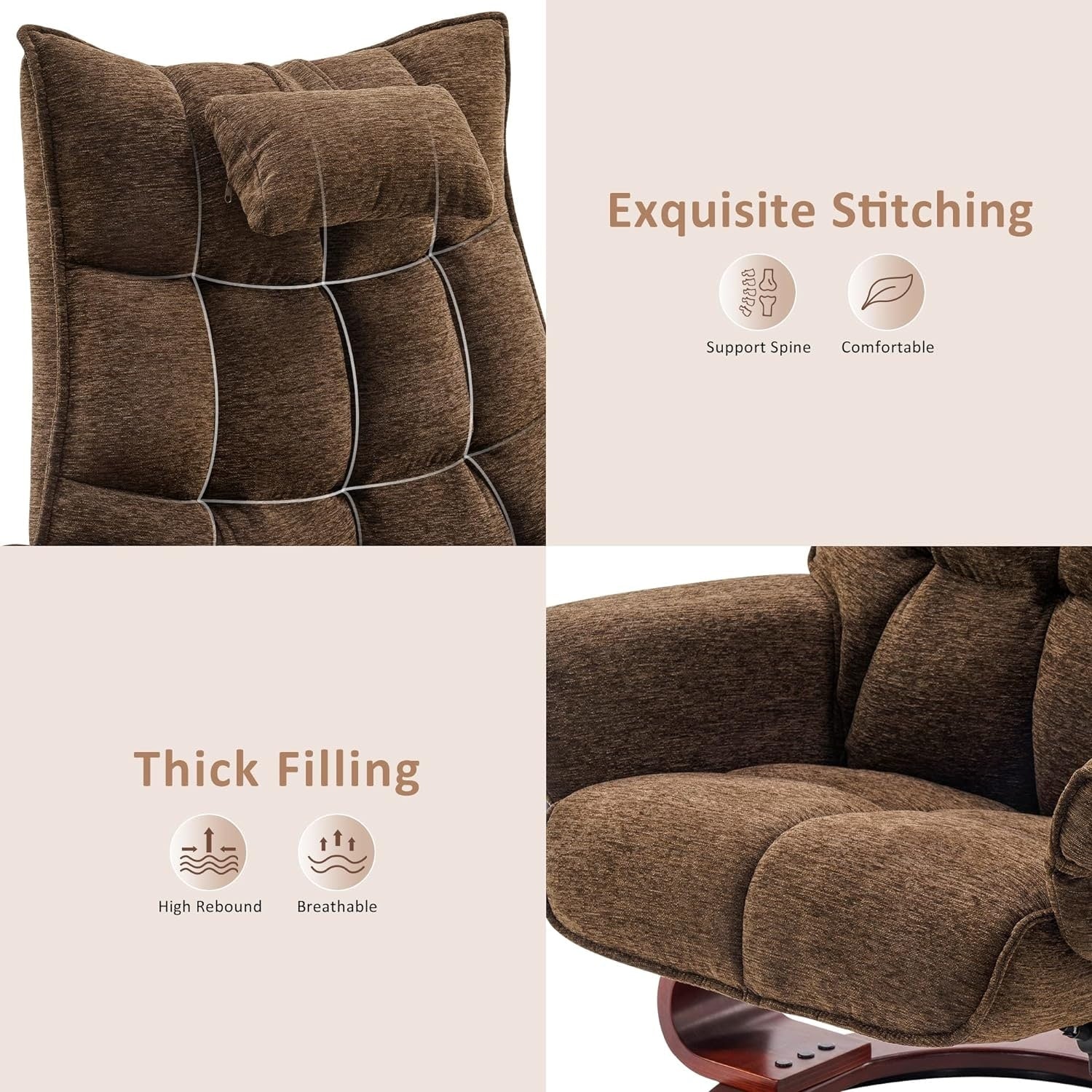 MCombo Set of 2 Swivel Recliner with Ottoman and Neck Pillow,Chenille Fabric