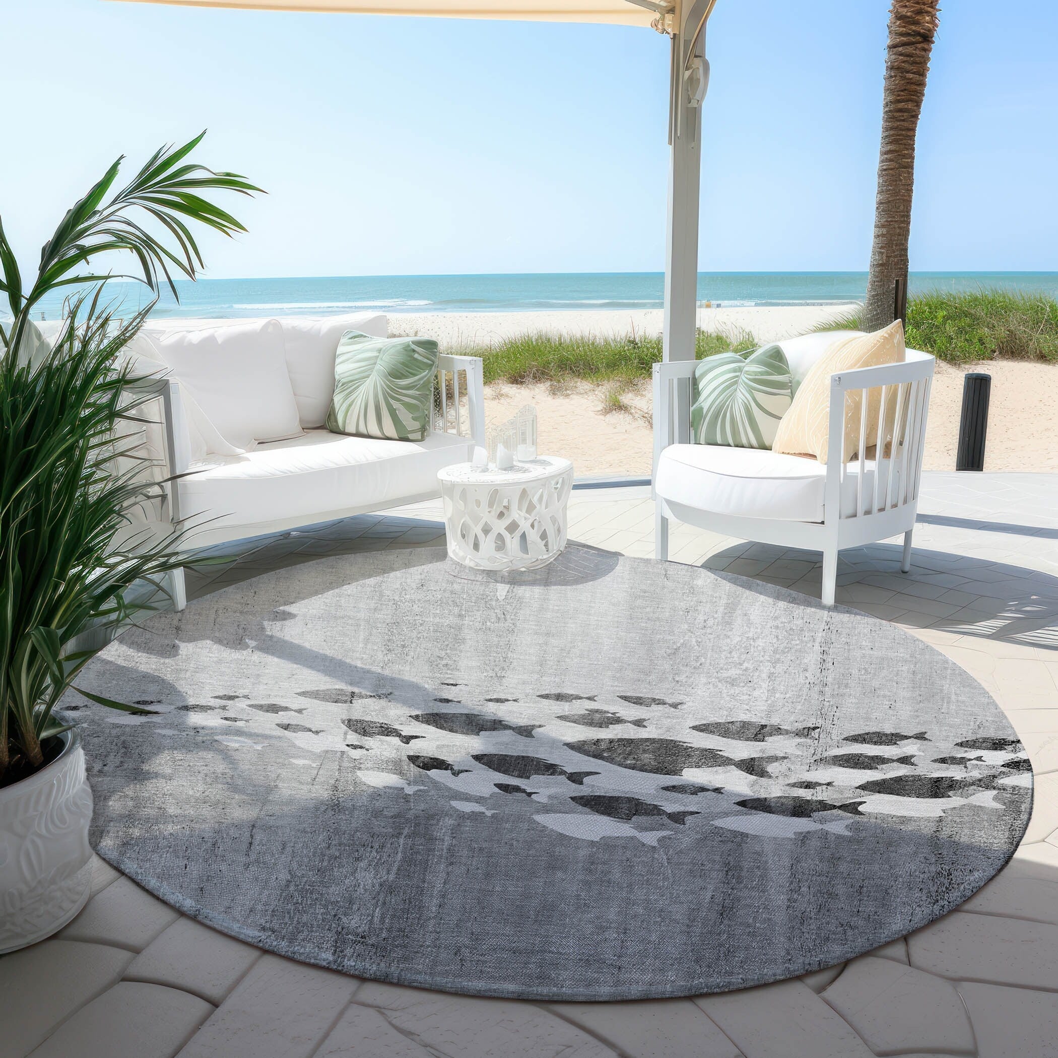Machine Washable Indoor/ Outdoor Chantille Modern Sea Life Rug