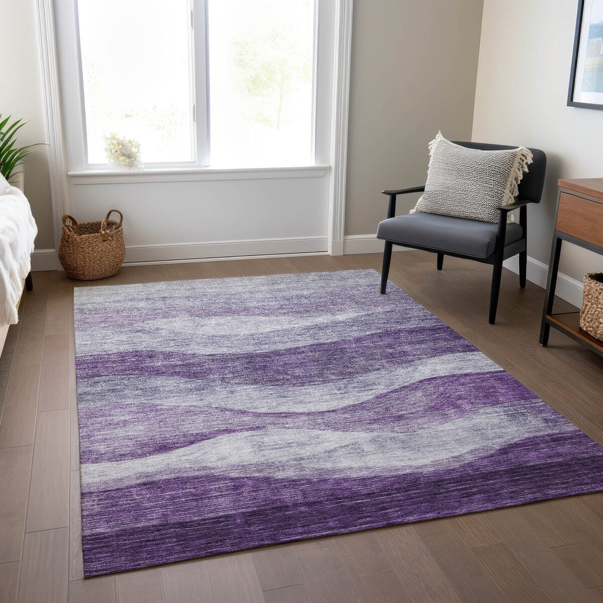 Machine Washable Indoor/ Outdoor Contemporary Waves Chantille Rug