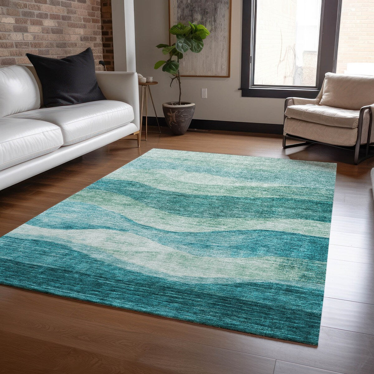 Machine Washable Indoor/ Outdoor Contemporary Waves Chantille Rug