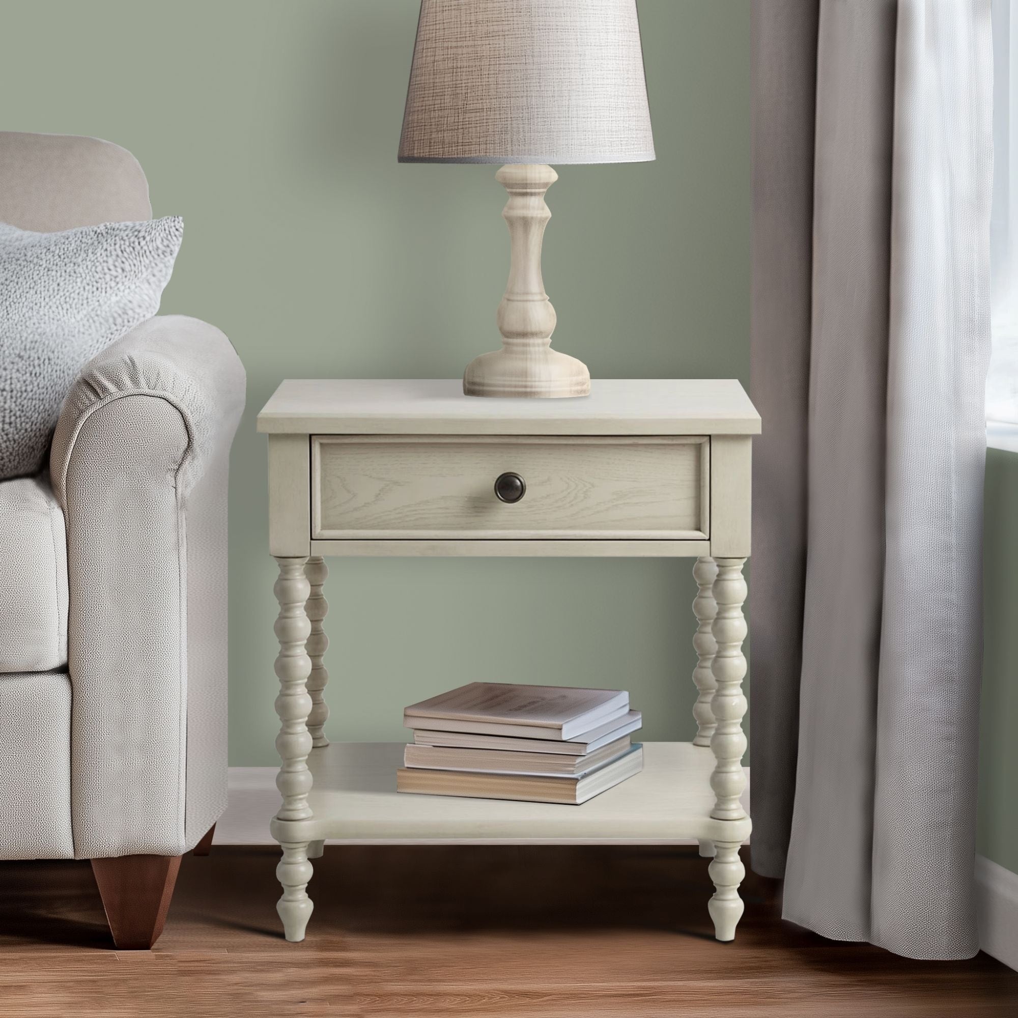 Madison Park Signature Beckett Turned Wood Spindle Nightstand with Drawer & Shelf