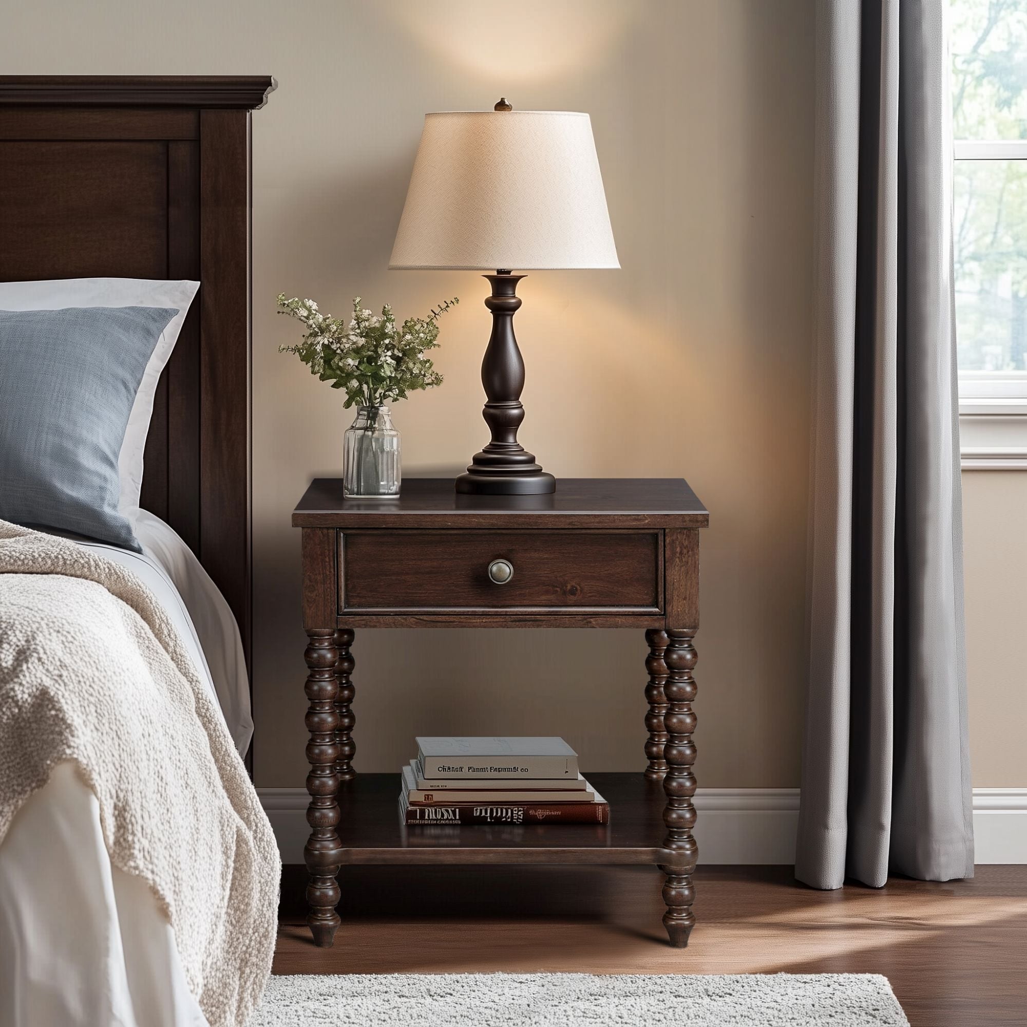 Madison Park Signature Beckett Turned Wood Spindle Nightstand with Drawer & Shelf