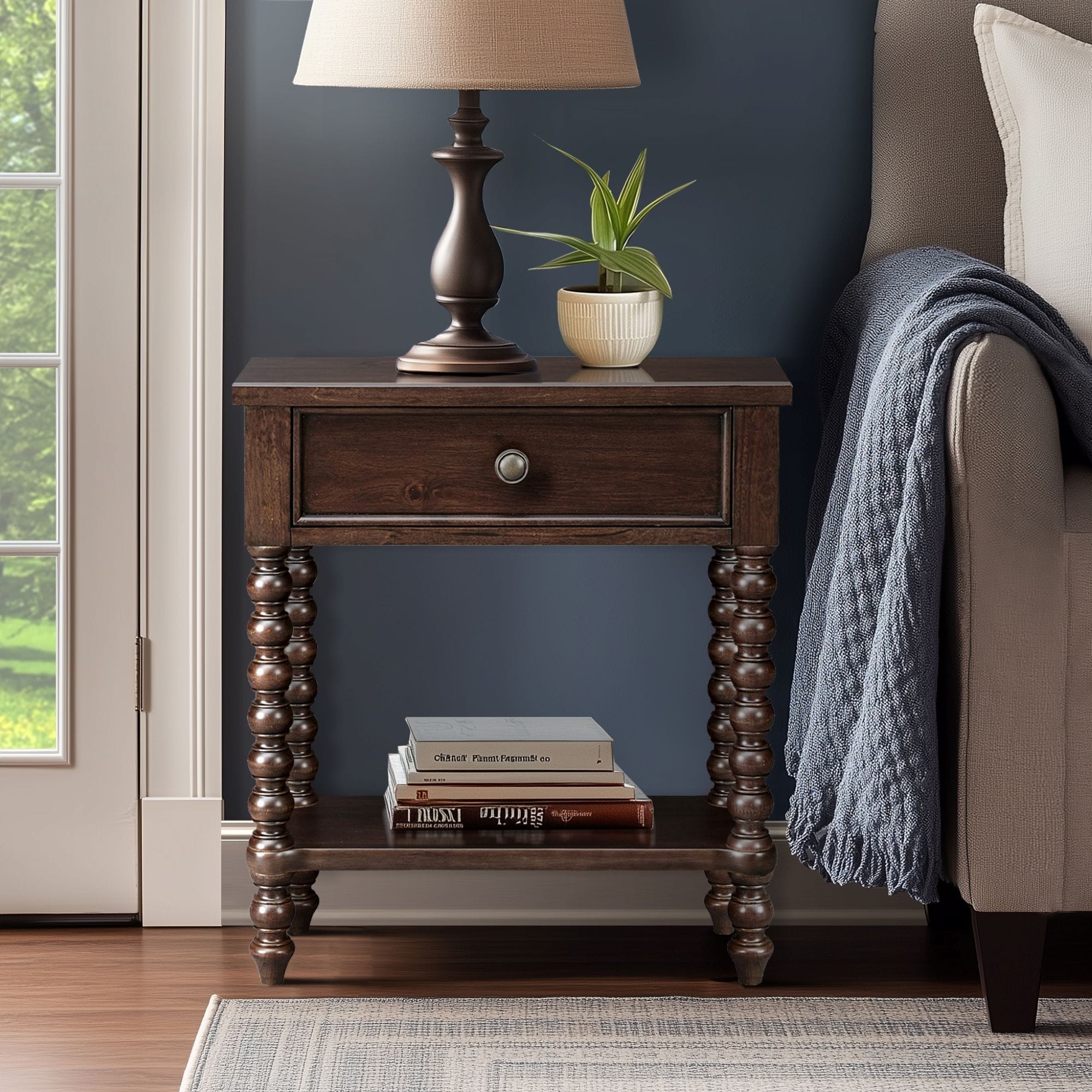Madison Park Signature Beckett Turned Wood Spindle Nightstand with Drawer & Shelf