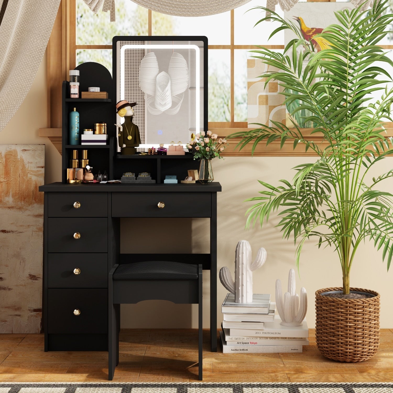 Makeup Vanity Set Table With LED Light &Mirror & Stool
