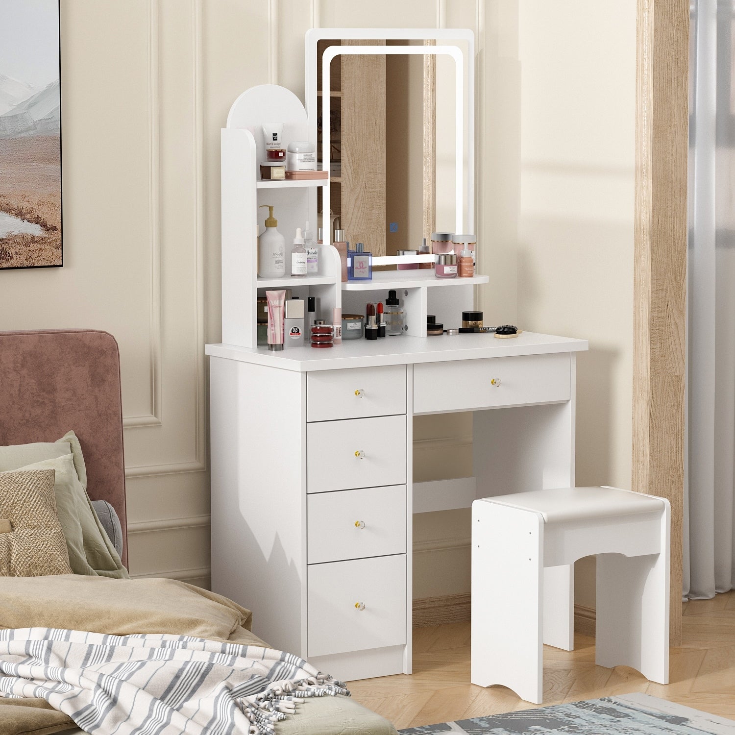 Makeup Vanity Set Table With LED Light &Mirror & Stool