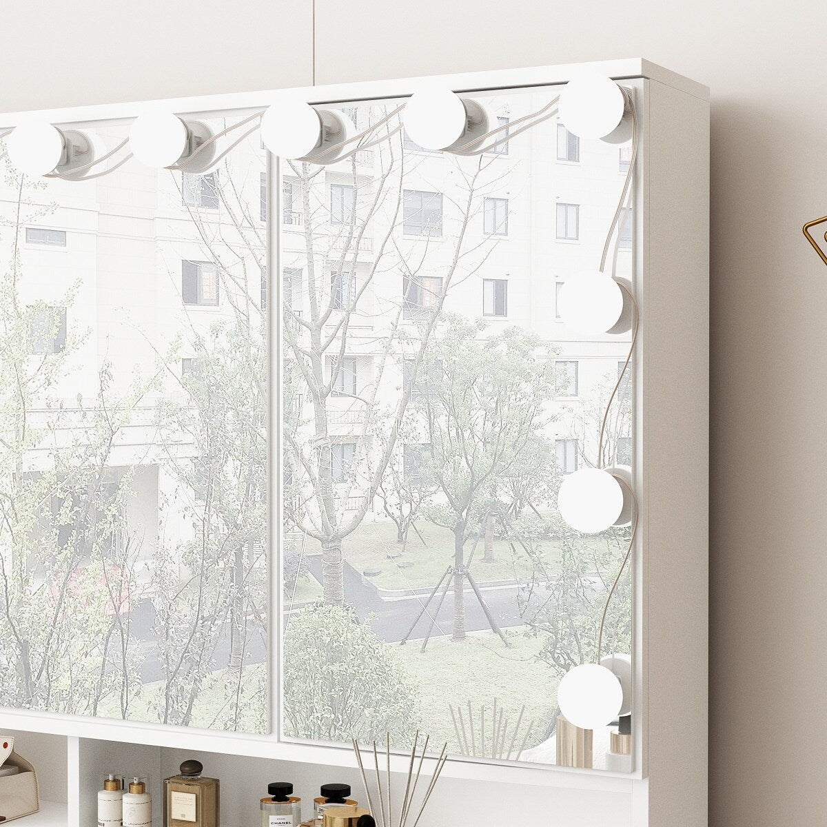 Makeup Vanity w/Tri-Fold Mirror Certified Lighting Glass Top Dresser