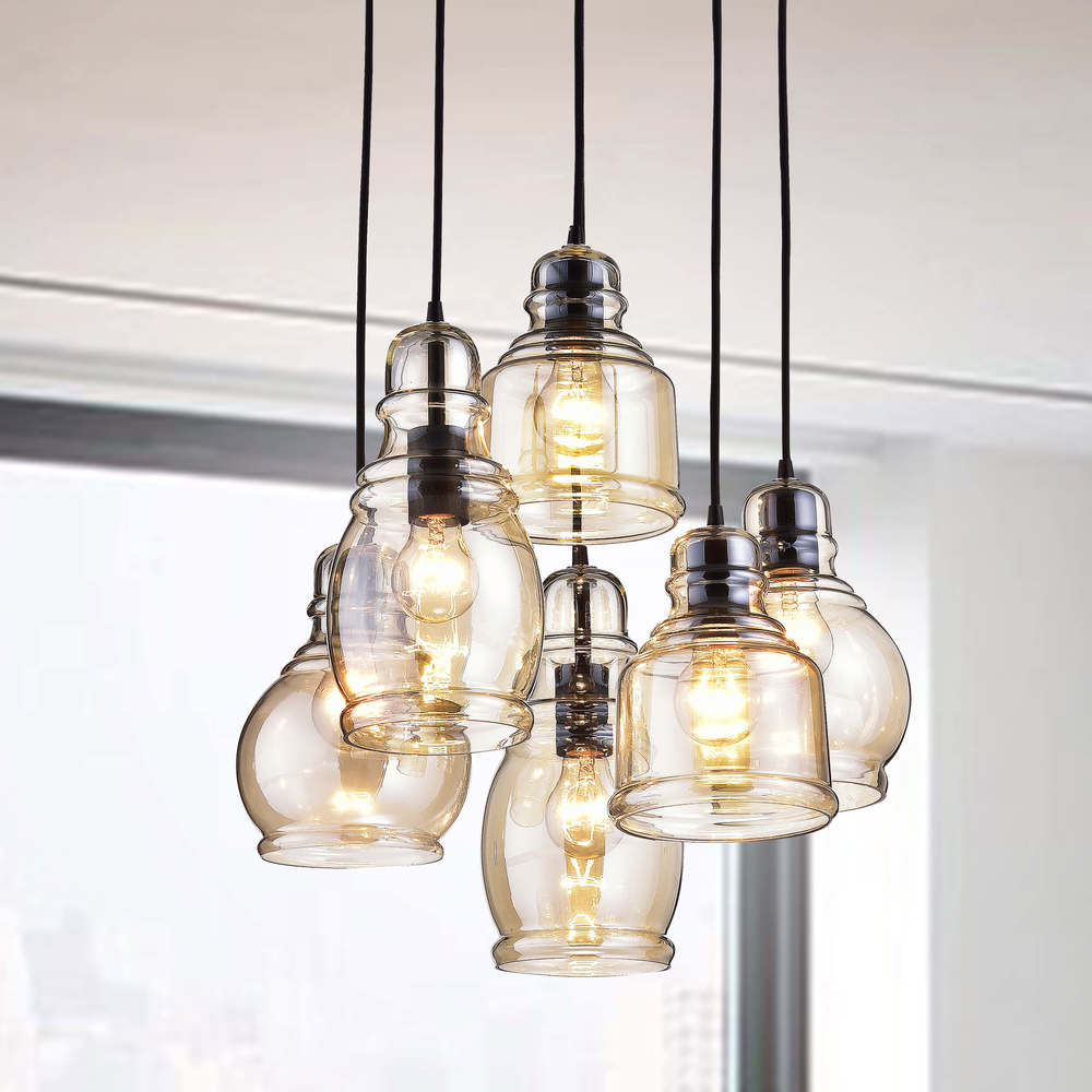 Mariana Cognac Glass Antique Black and Round Base 6-light Pendant