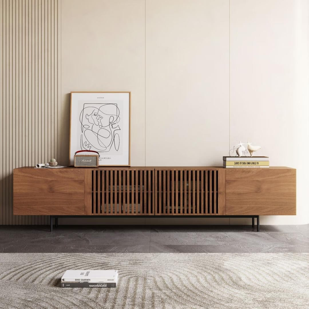 Mid-Century Modern TV Stand with 4 Doors Storage Cabinets, Fits TVs Up to 100 Inches, Living Room Entertainment Center