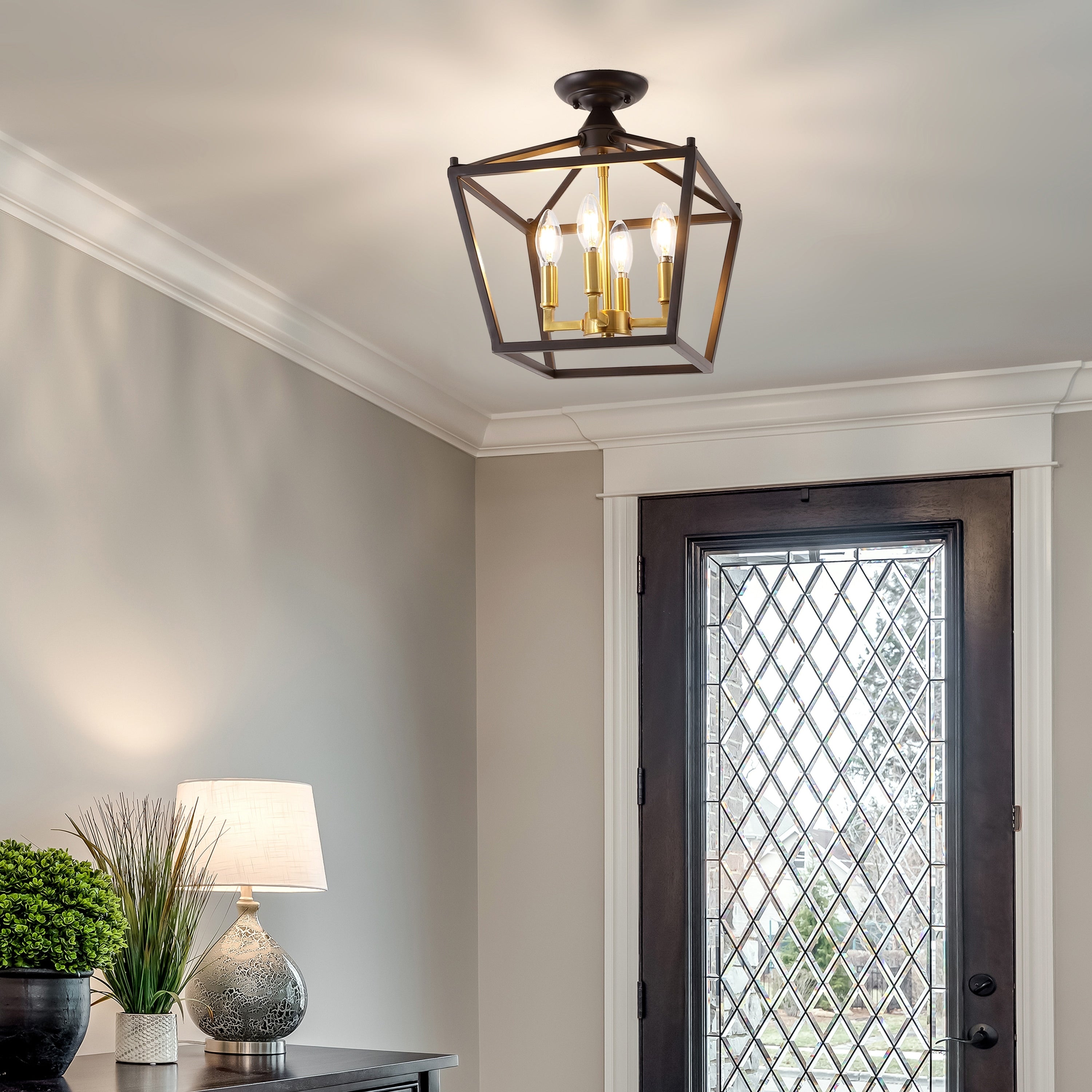 Milton Mini Lantern 4-Light Iron Modern Farmhouse LED Flush Mount, by JONATHAN Y