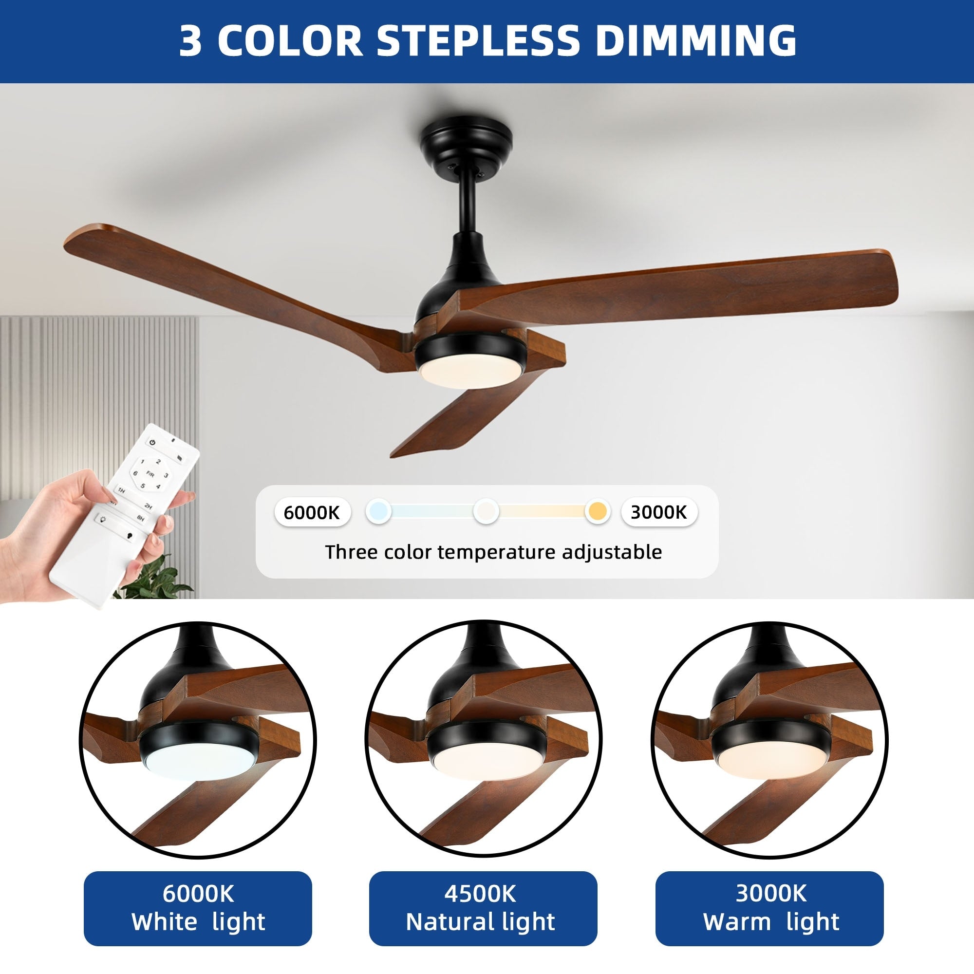 Moasis 52 Modern Remote Control Ceiling Fan with Lights and 5 Solid Wood Blades