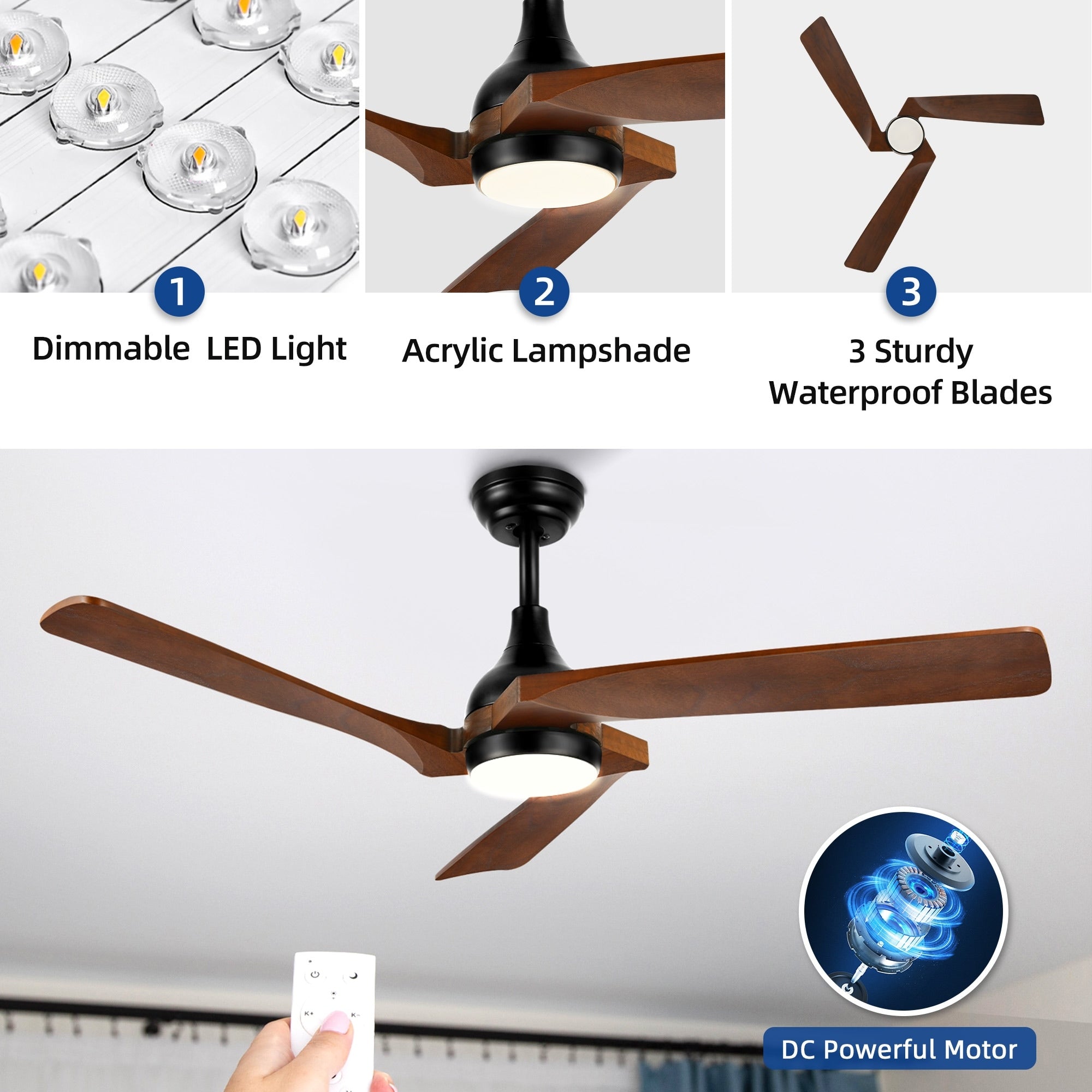 Moasis 52 Modern Remote Control Ceiling Fan with Lights and 5 Solid Wood Blades