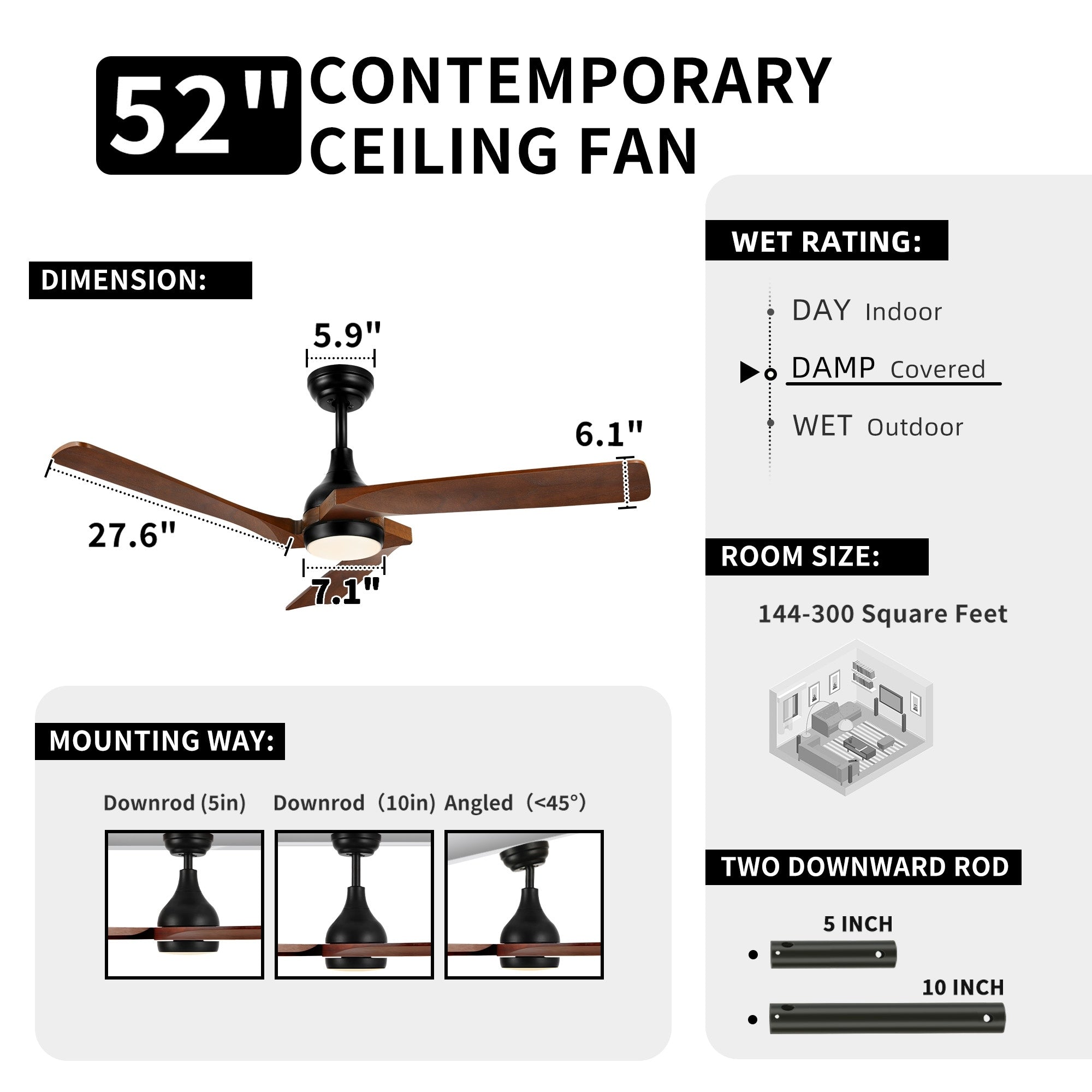 Moasis 52 Modern Remote Control Ceiling Fan with Lights and 5 Solid Wood Blades