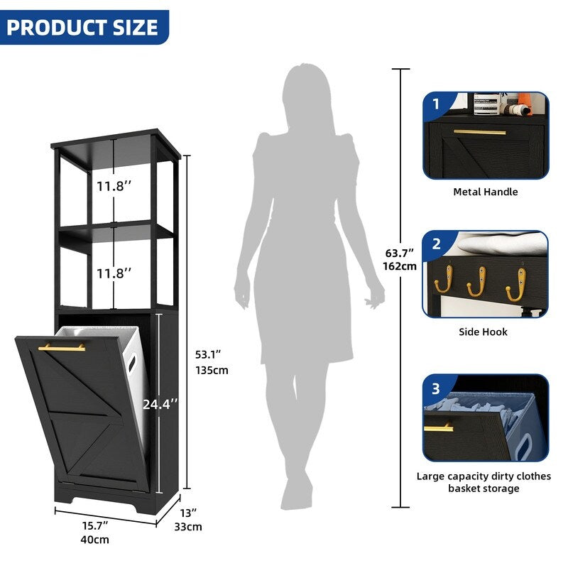 Moasis 53H 3-Tier Tilt Out Laundry Hamper Bathroom Storage Shelf Cabinet with Basket