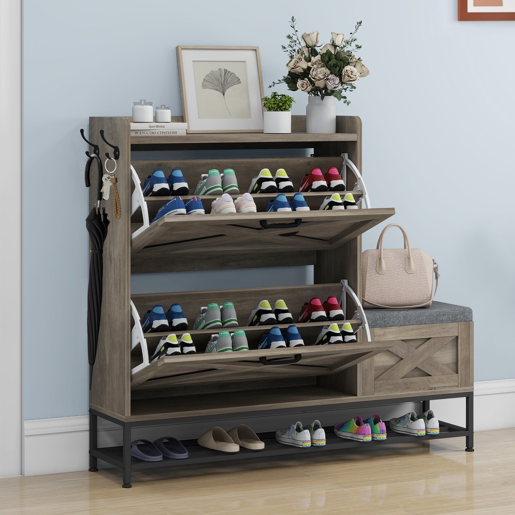 Moasis Farmhouse Shoe Storage Cabinet with 2 Flip Drawers for 16 Pairs Entryway Shoe Storage with Shoe Bench