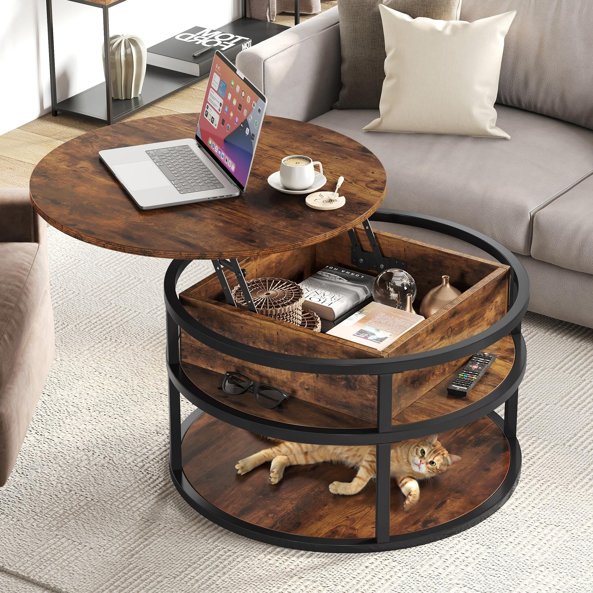 Moasis Round Lift Top Coffee Table with Hidden Storage