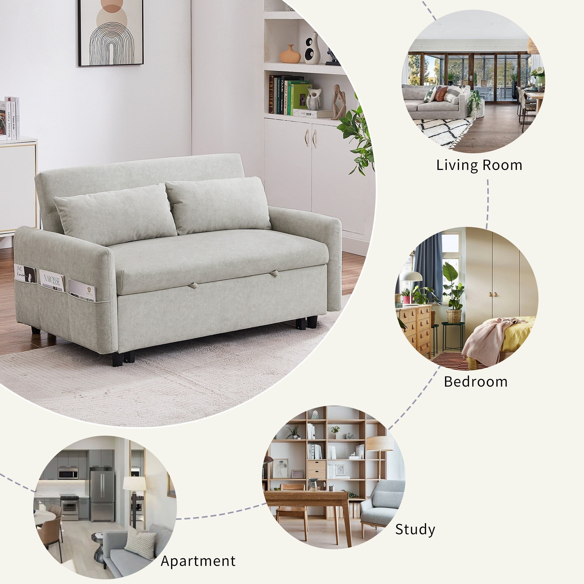 Modern 2 Seat Couch, Microfiber Pull Out Sleep Sofa Bed wih Adjsutable Backrest, Storage Pockets, 2 Soft Pillows, USB Ports