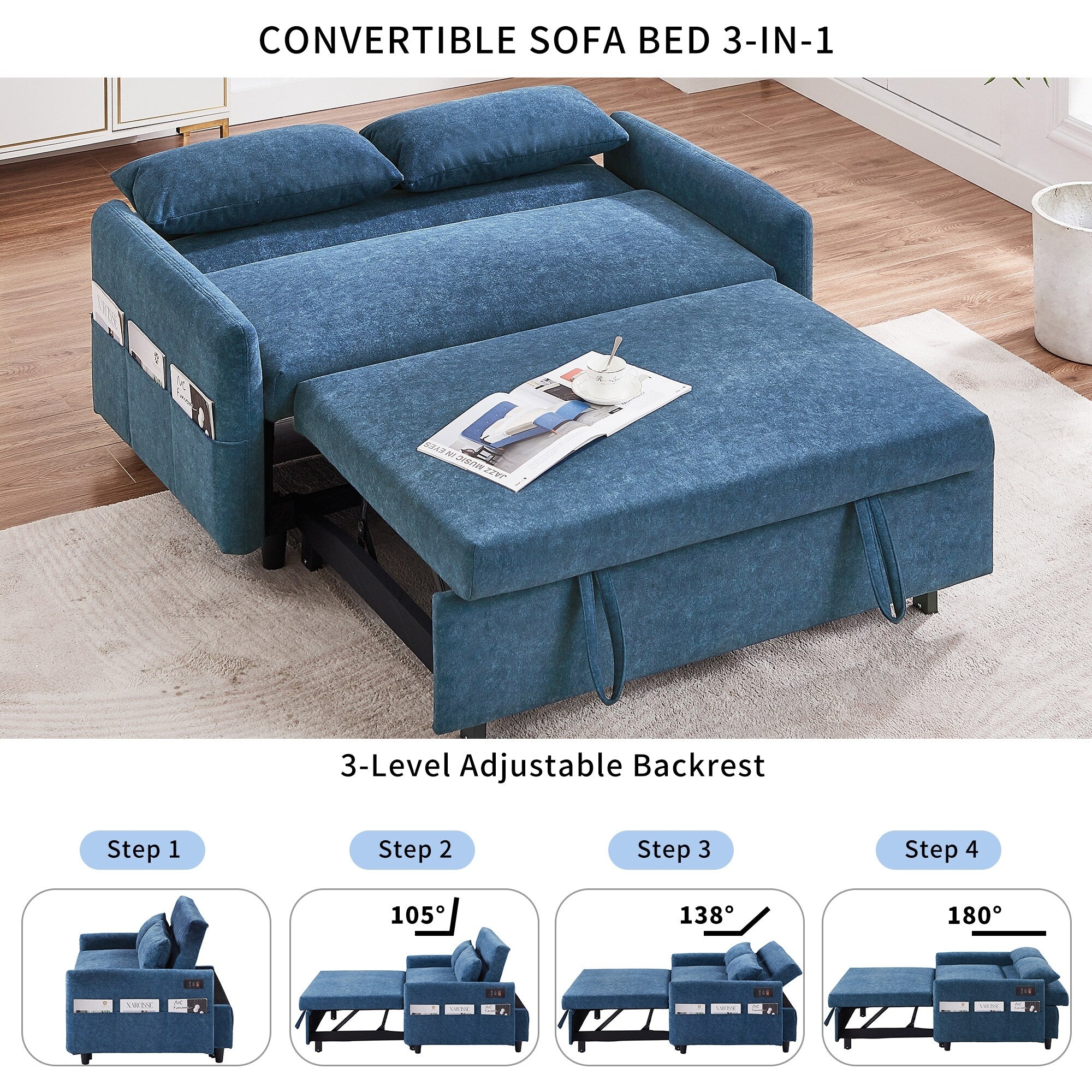 Modern 2 Seat Couch, Microfiber Pull Out Sleep Sofa Bed wih Adjsutable Backrest, Storage Pockets, 2 Soft Pillows, USB Ports