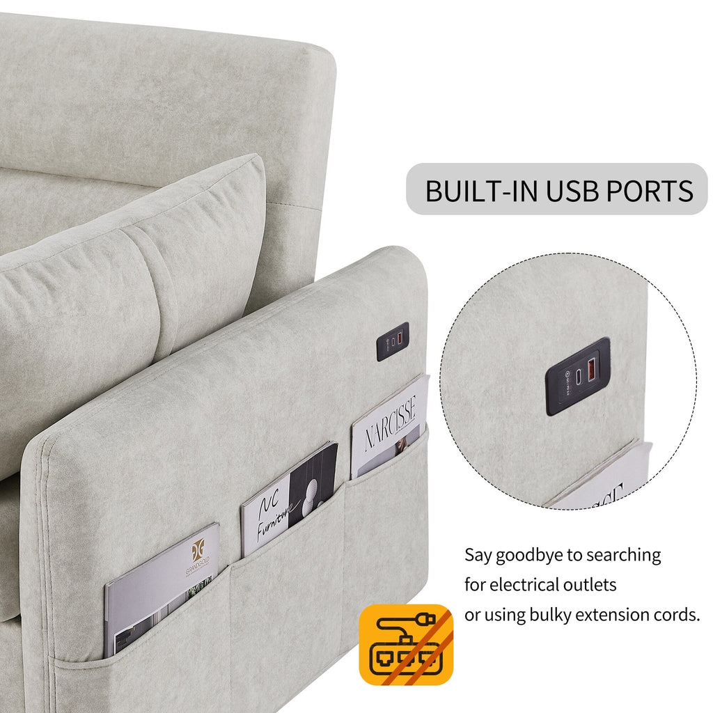 Modern 2 Seat Couch, Microfiber Pull Out Sleep Sofa Bed wih Adjsutable Backrest, Storage Pockets, 2 Soft Pillows, USB Ports