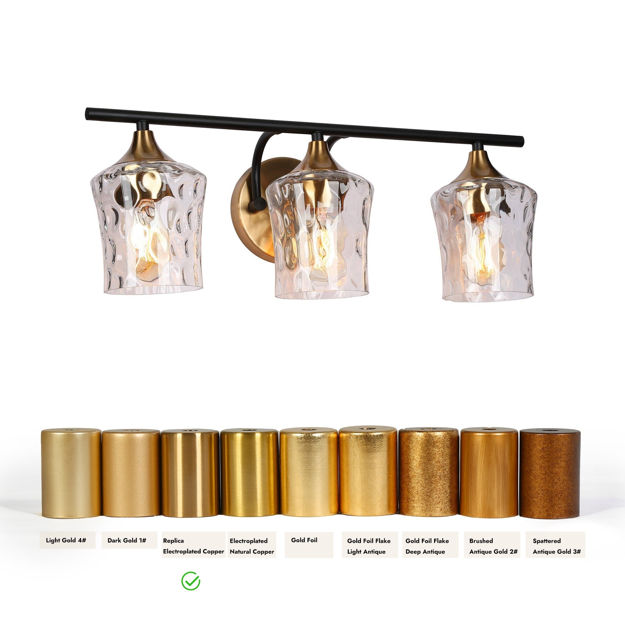 Modern Black Gold Bathroom Vanity Light Hammered Glass Wall Sconces Lamps with 1/2/3/4 Lights