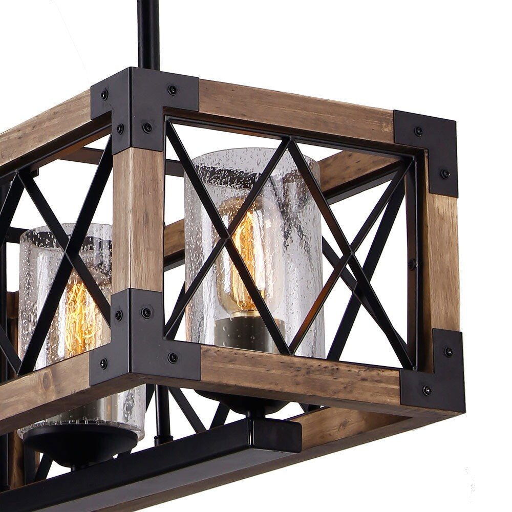 Modern Farmhouse 5-Light Wood Rectangle Chandelier Seeded Glass Kitchen Island Lights for Dining Room - 31.5 L x 8.75 W x 8 H