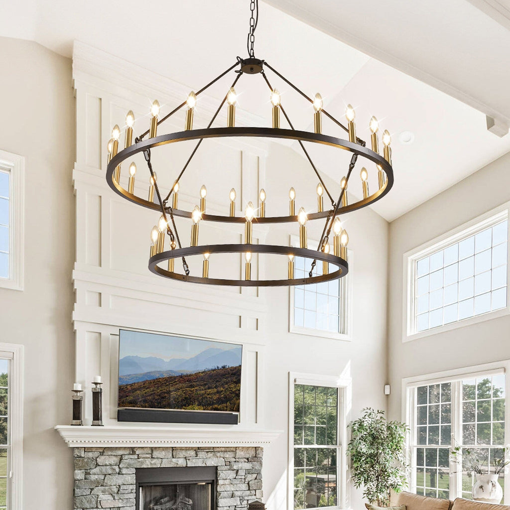 Modern Farmhouse Chandelier 2 Tier Round Wagon Wheel Chandelier Large High Ceiling Light.