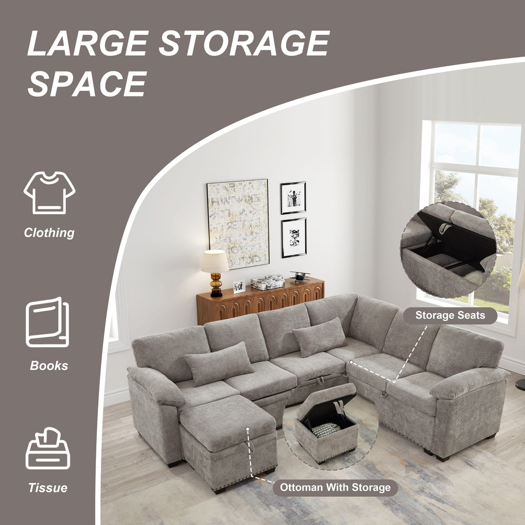 Modern L-Shaped Chenille Sectional Sofa with Pull-Out Sleeper, Storage Seats, Ottoman and 2 Pillows for Living Room