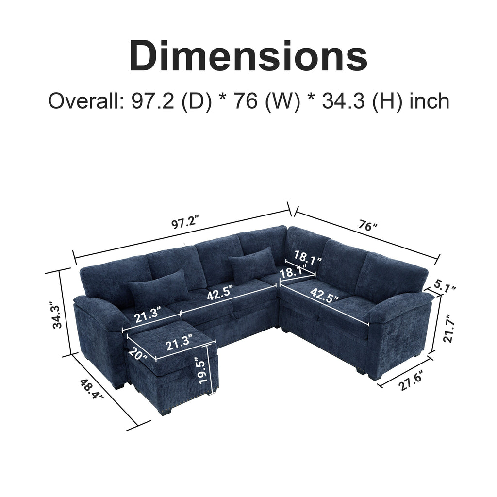 Modern L-Shaped Chenille Sectional Sofa with Pull-Out Sleeper, Storage Seats, Ottoman and 2 Pillows for Living Room