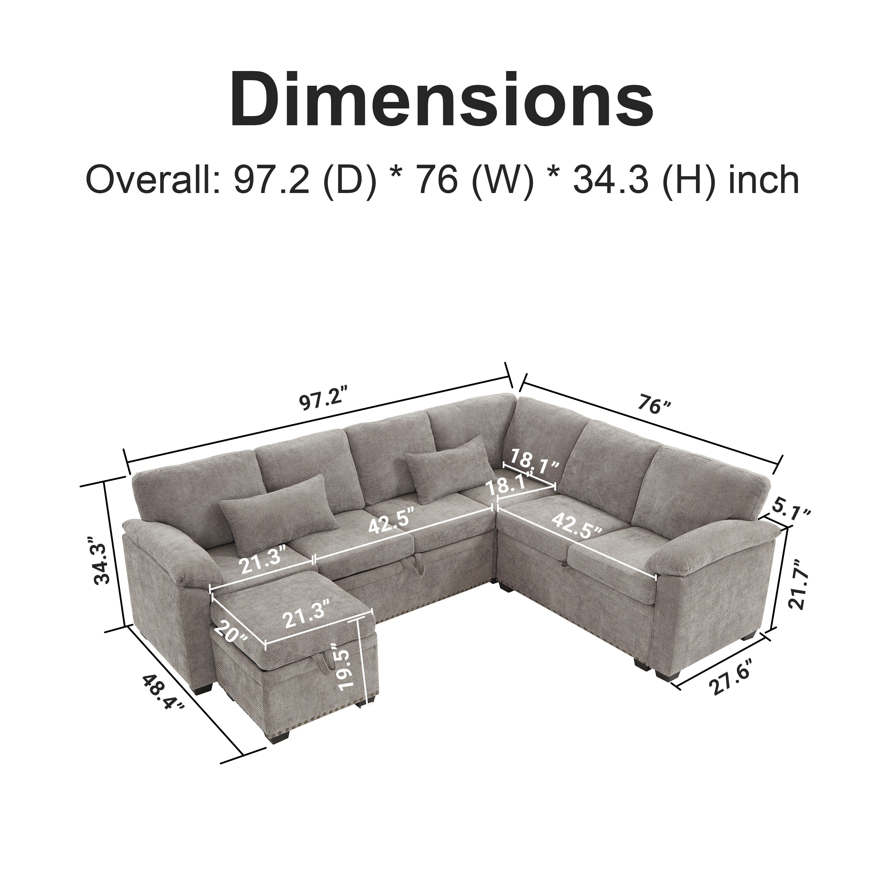 Modern L-Shaped Chenille Sectional Sofa with Pull-Out Sleeper, Storage Seats, Ottoman and 2 Pillows for Living Room
