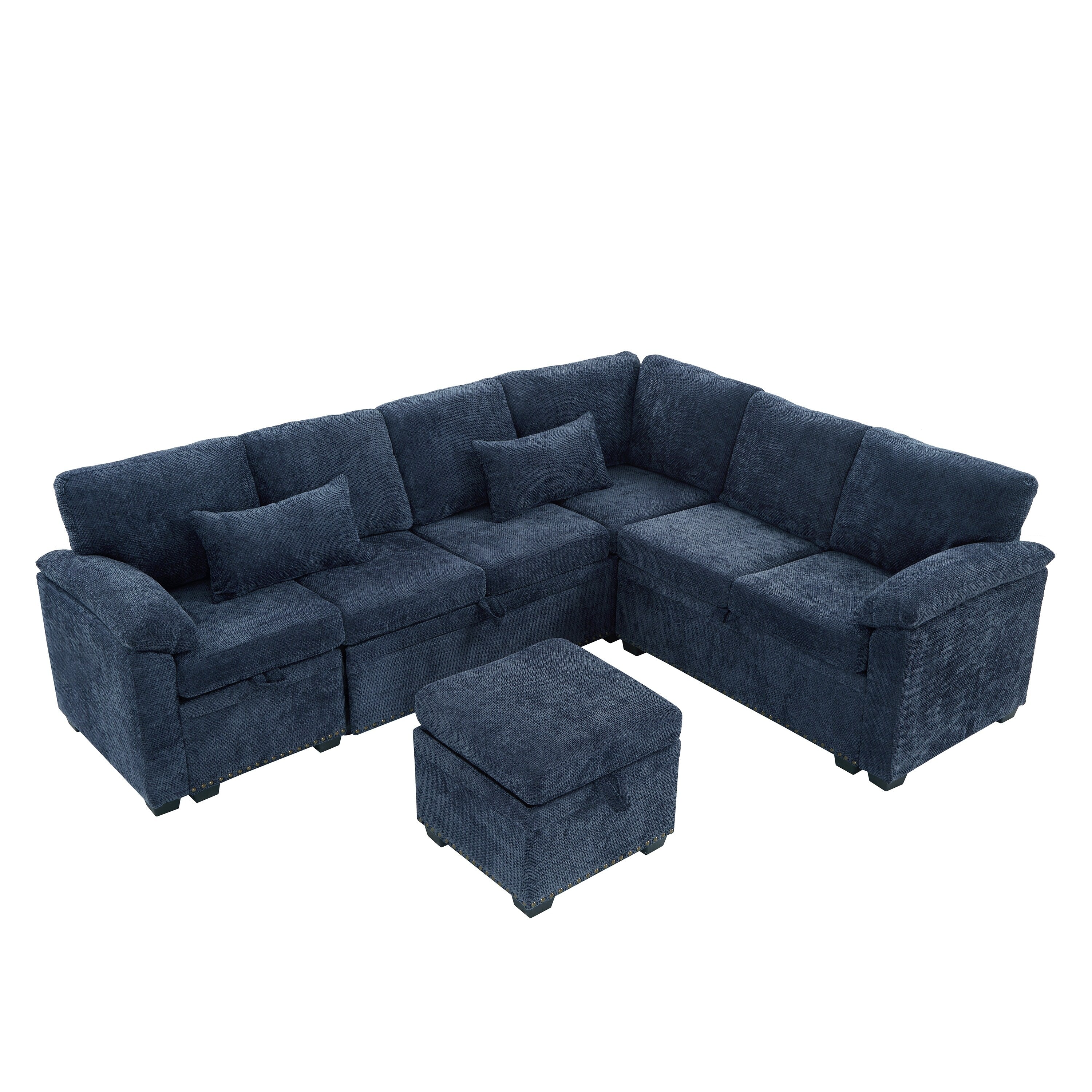 Modern L-Shaped Chenille Sectional Sofa with Pull-Out Sleeper, Storage Seats, Ottoman and 2 Pillows for Living Room