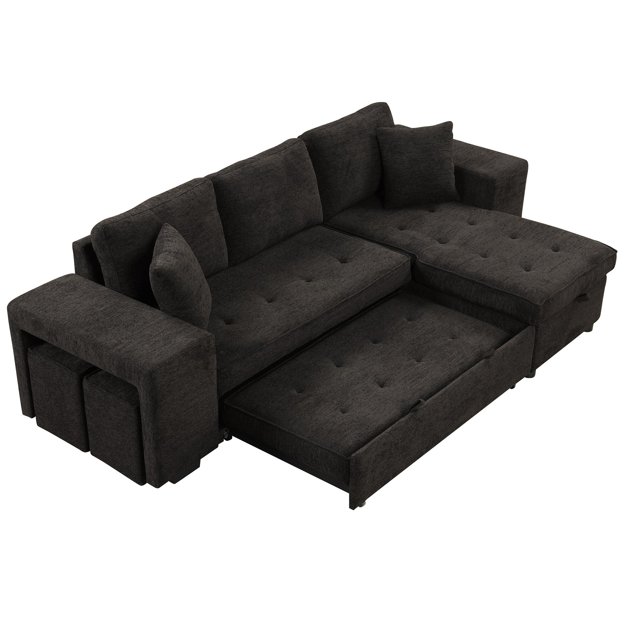 Modern L-Shaped Pull-Out Sectional Sofa Bed with Reversible Chaise, Storage and 2 Stools for Living Room Apartment