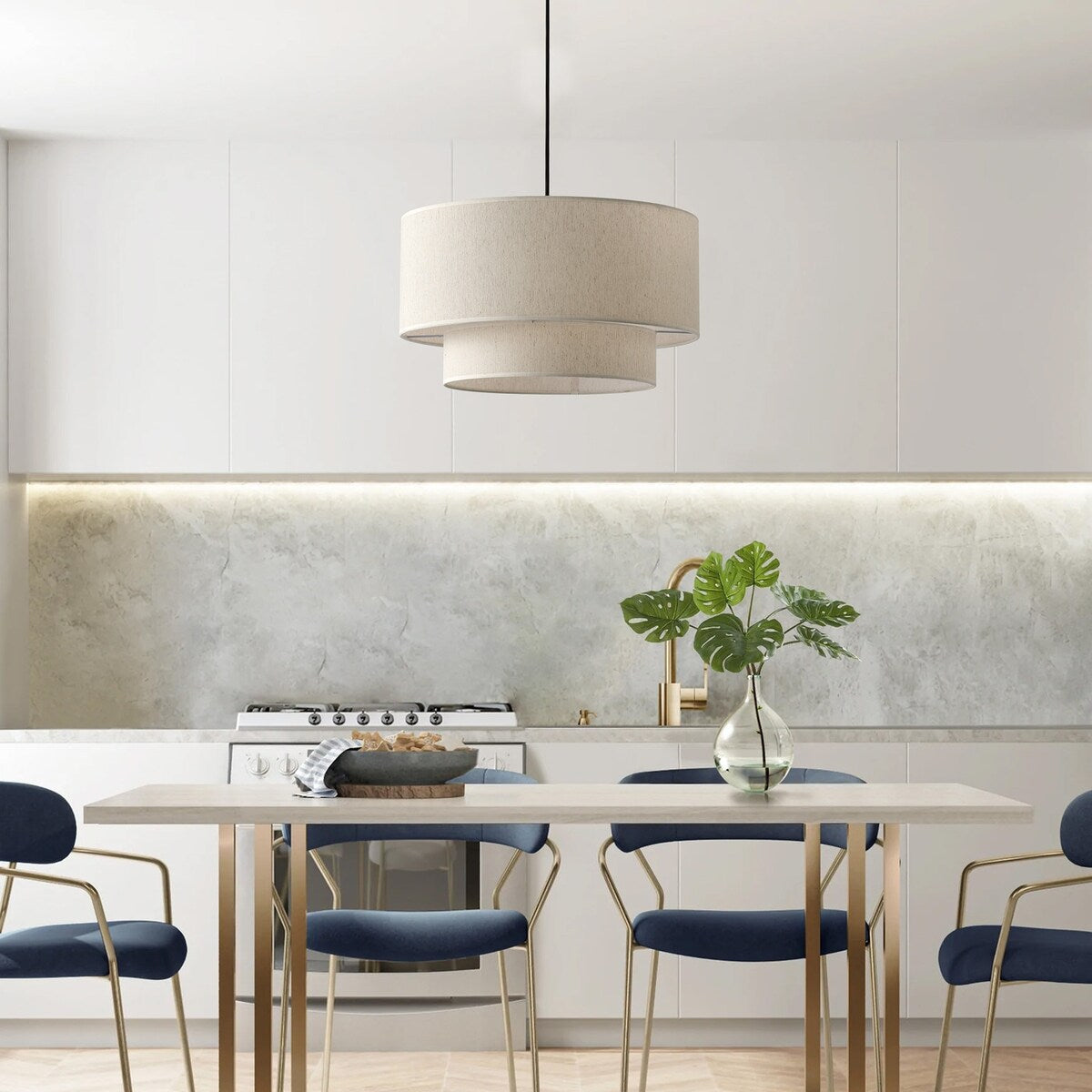 Modern Off-White Drum Pendant Light with 2-Tier Linen Fabrics Lampshade