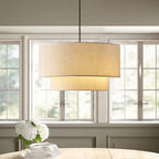 Modern Off-White Drum Pendant Light with 2-Tier Linen Fabrics Lampshade