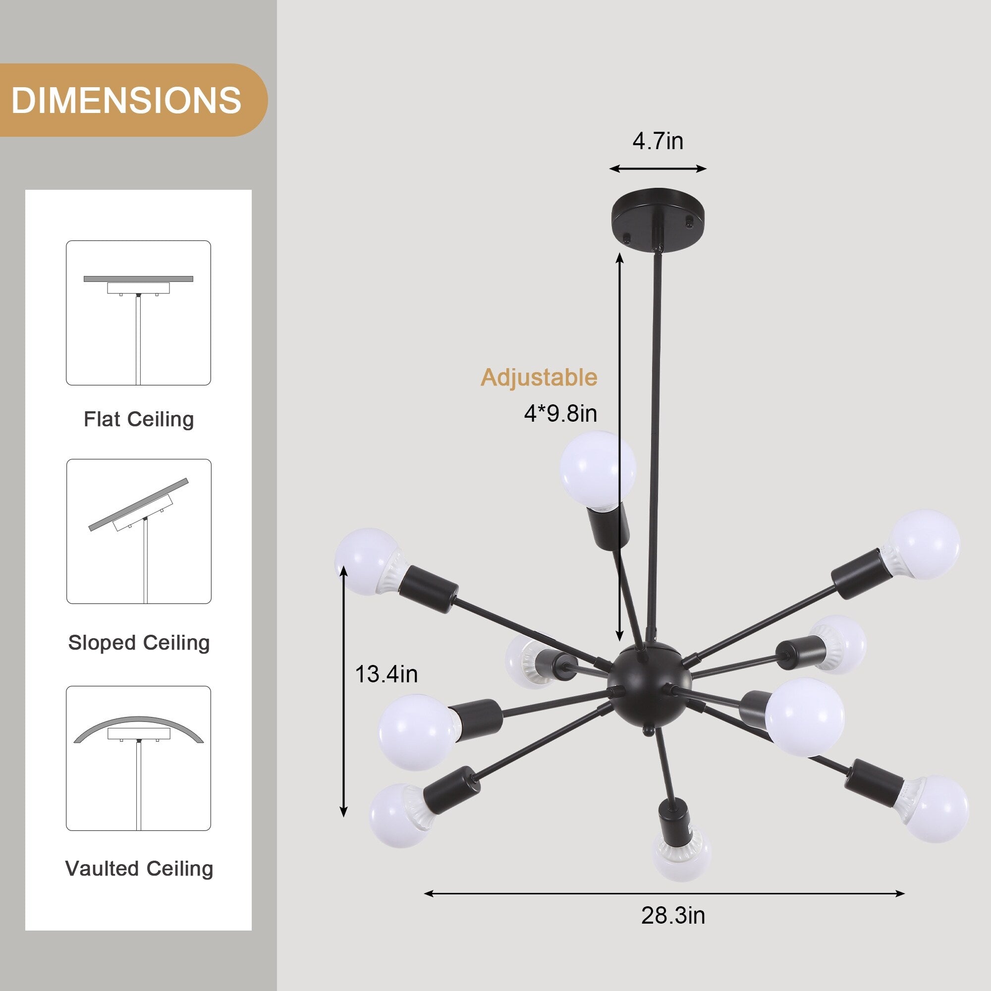 Modern Sputnik Chandelier 10-Light Adjustable Ceiling Light Fixture for Kitchen Dining Room Living Room Bedroom - N/A