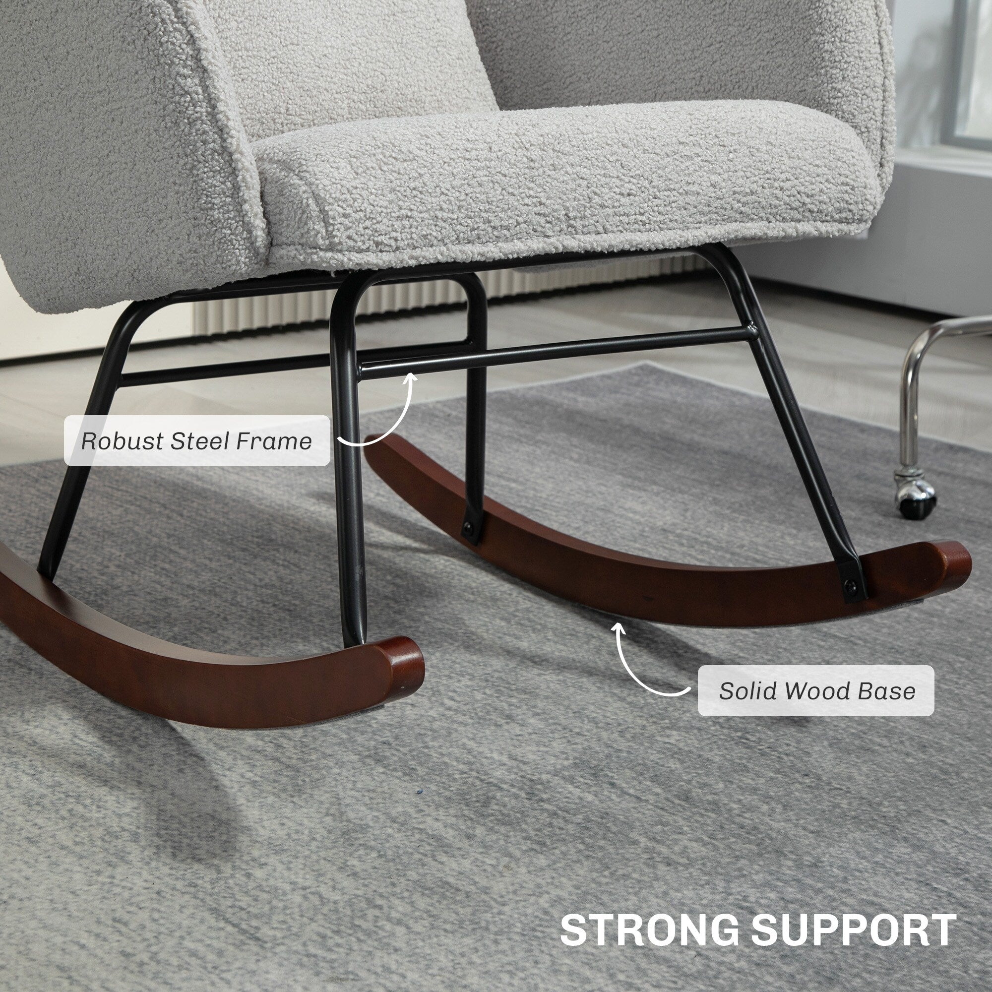 Modern Upholstered Rocking Nursery Glider Chair with High Backrest, Headrest and Lumbar Pillow for Living Room or Bedroom