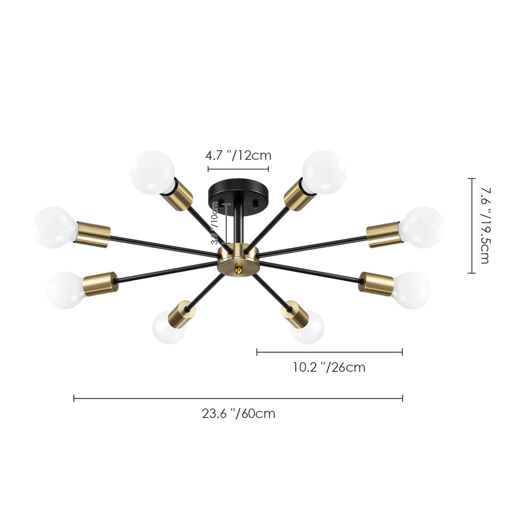 Black/ Gold Sputnik Semi Flush Mount Lamp Close to Ceiling Light Fixture for Living Room/ Kitchen/ Office/ Bedroom/ Foyer
