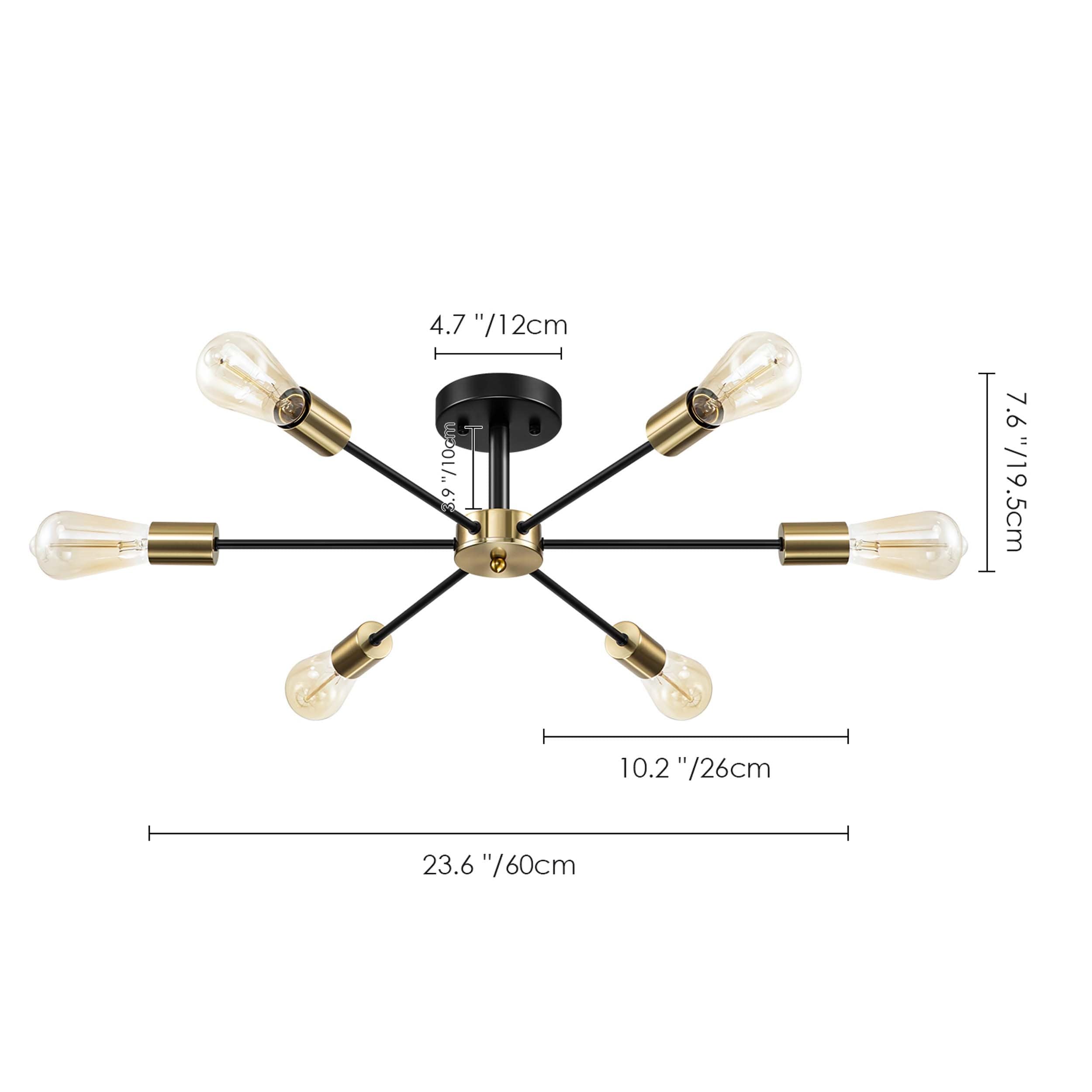 Black/ Gold Sputnik Semi Flush Mount Lamp Close to Ceiling Light Fixture for Living Room/ Kitchen/ Office/ Bedroom/ Foyer