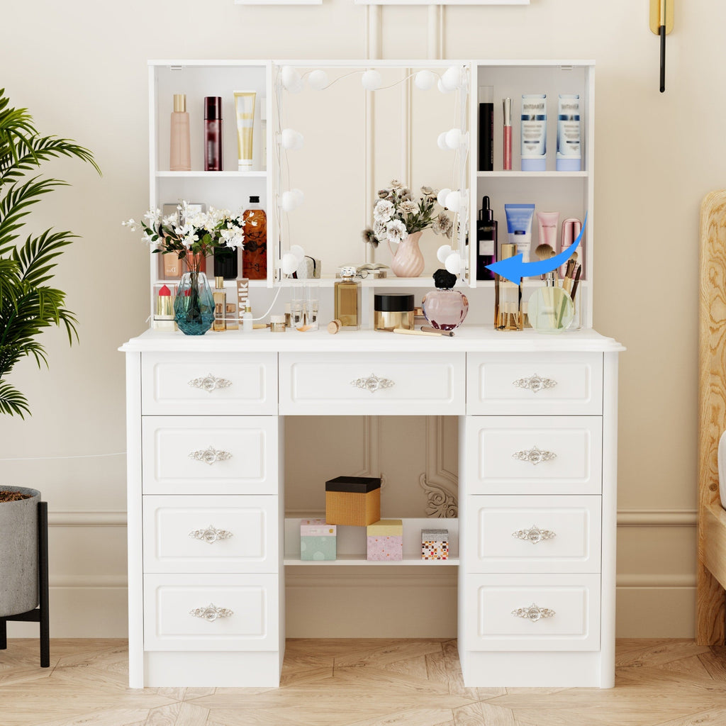 Modern White Makeup Vanity Fold Mirror Adjustable Lighting Dressing - 40.2x54.1