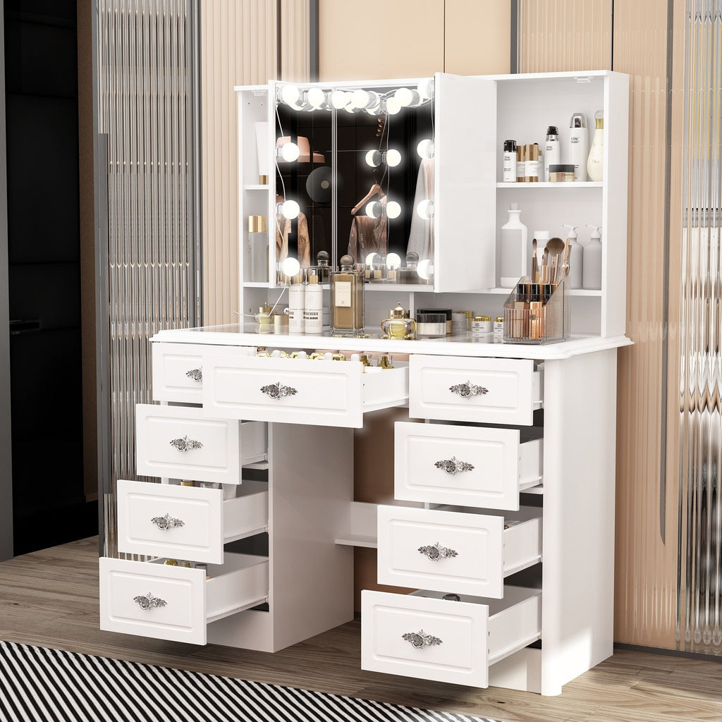 Modern White Makeup Vanity Fold Mirror Adjustable Lighting Dressing - 40.2x54.1