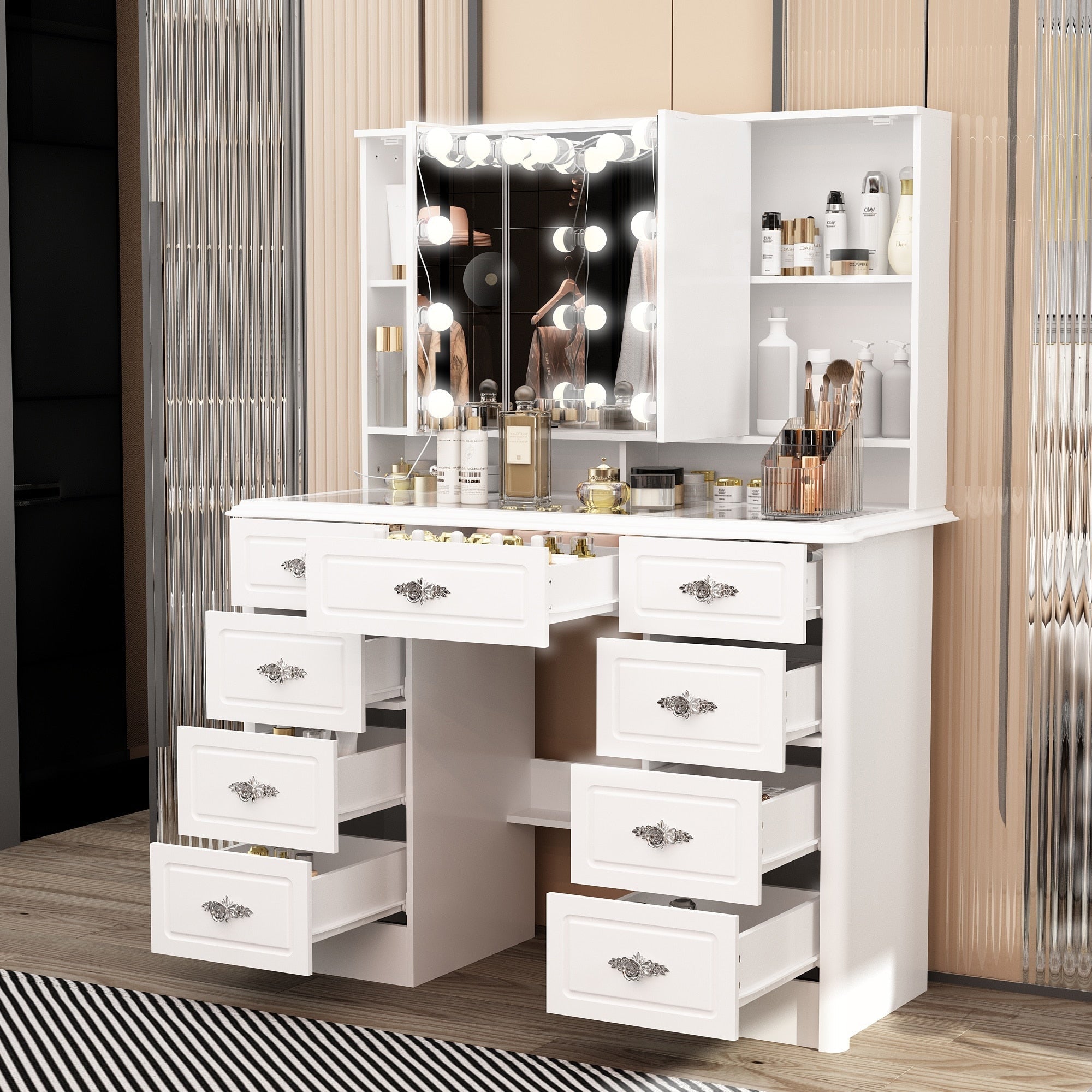 Modern White Makeup Vanity Fold Mirror Adjustable Lighting Dressing - 40.2x54.1